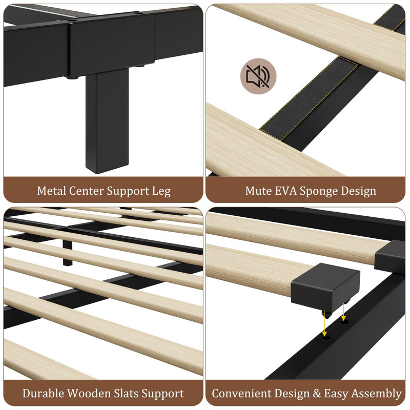 Structure de lit plateforme en métal avec tête et pied de lit en bois, Très grand