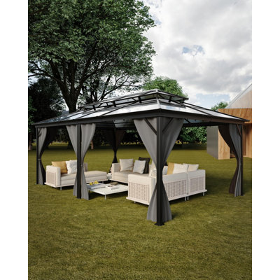 All-Weather Hardtop Gazebo 12'x20' – Double Polycarbonate Roof, Heavy Duty Aluminum Alloy Frame, Curtains & Netting, Permanent Outdoor Pavilion for Patio, Backyard, Garden, Metal Shelter, Gray
