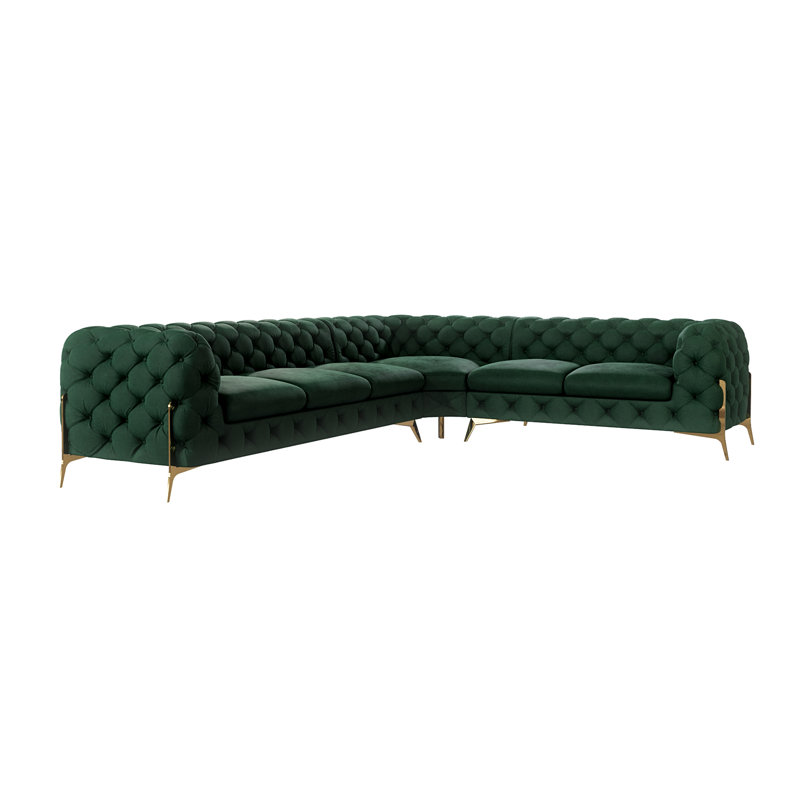L-shape Corner Chesterfield Sofa  with Gold Metal Legs, Bottle Green, Left Hand Facing