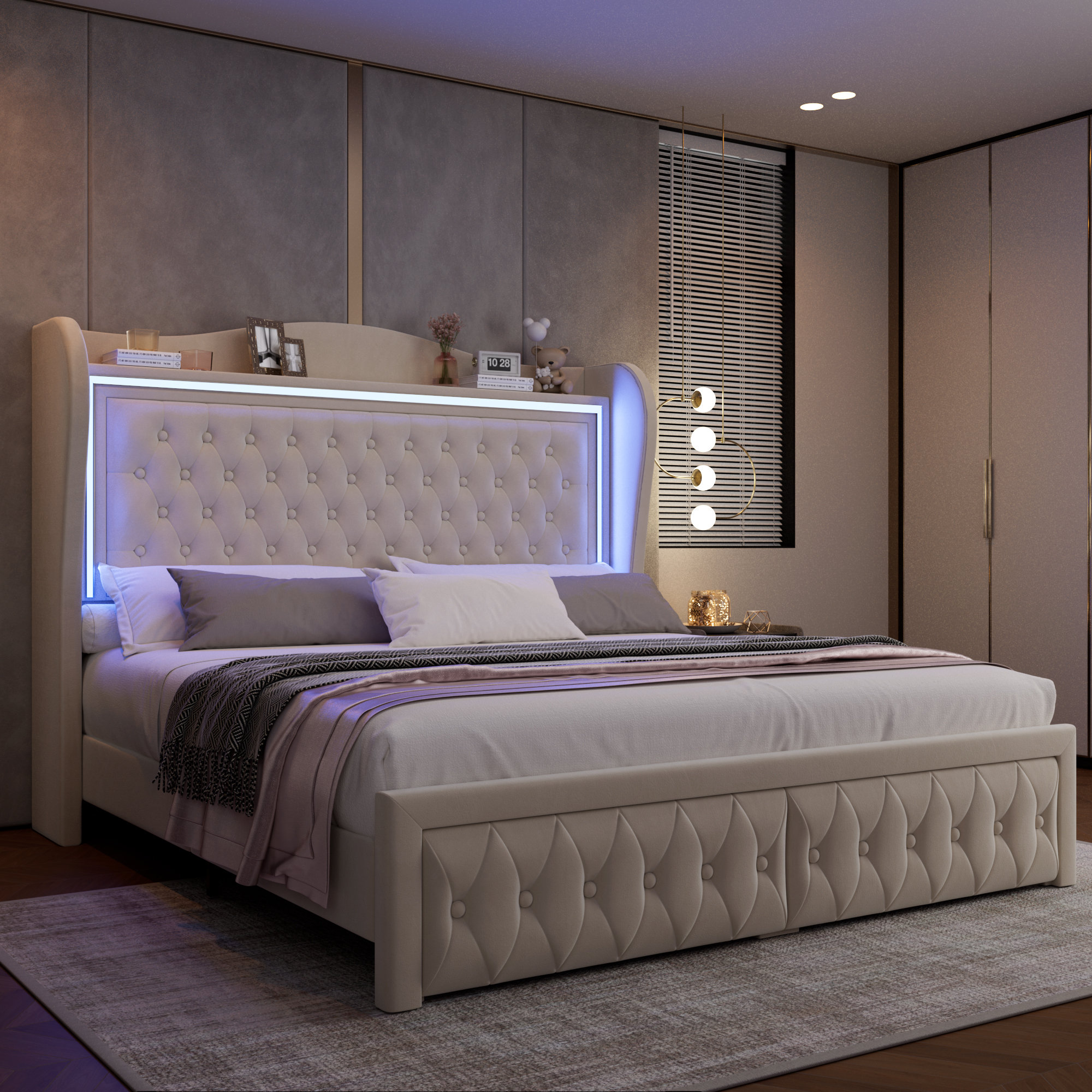 Wrought Studio™ Kaliya Velvet Upholstered Platform Bed With Wingback Headboard & LED Lighting, 2 Underbed Storage Drawers, Suitable For Bedroom, Guestroom, Personalized Homestays & Reviews | Wayfair