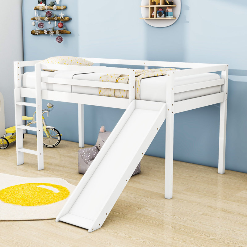 Twin Wood Low Loft Bed With Built-In Ladder And Slide, White