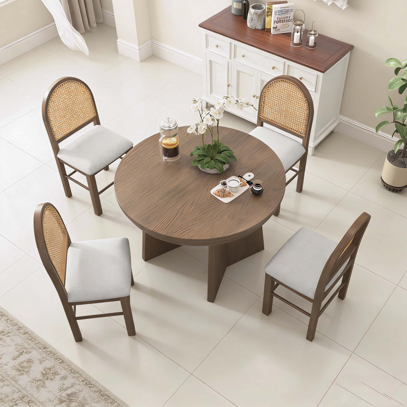 Ensemble de table de salle à manger 5 pièces pour 5 personnes, ensemble de table de salle à manger extensible rétro avec 4 chaises rembourrées, table de cuisine et chaises pour la salle à manger et la cuisine (noyer et beige)