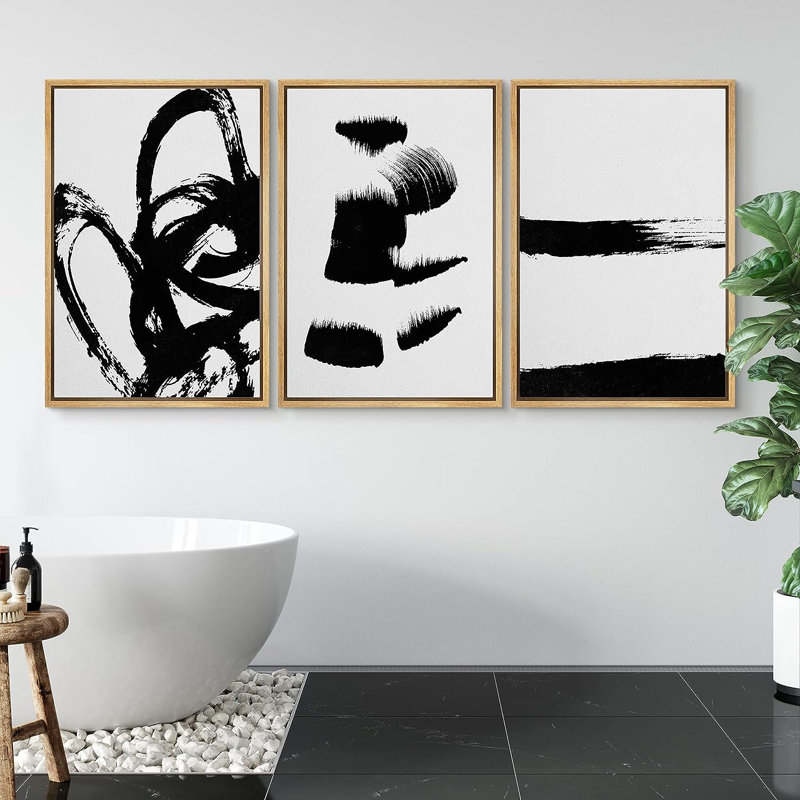 BAW style grunge en noir et blanc, coups de peinture, illustrations abstraites de formes encadrées sur toile, 3 pièces