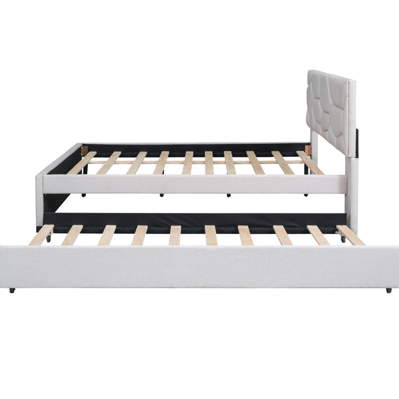 Lit plateforme tapissier confortable avec tête de lit à motif brique et lit gigogne simple en lin beige