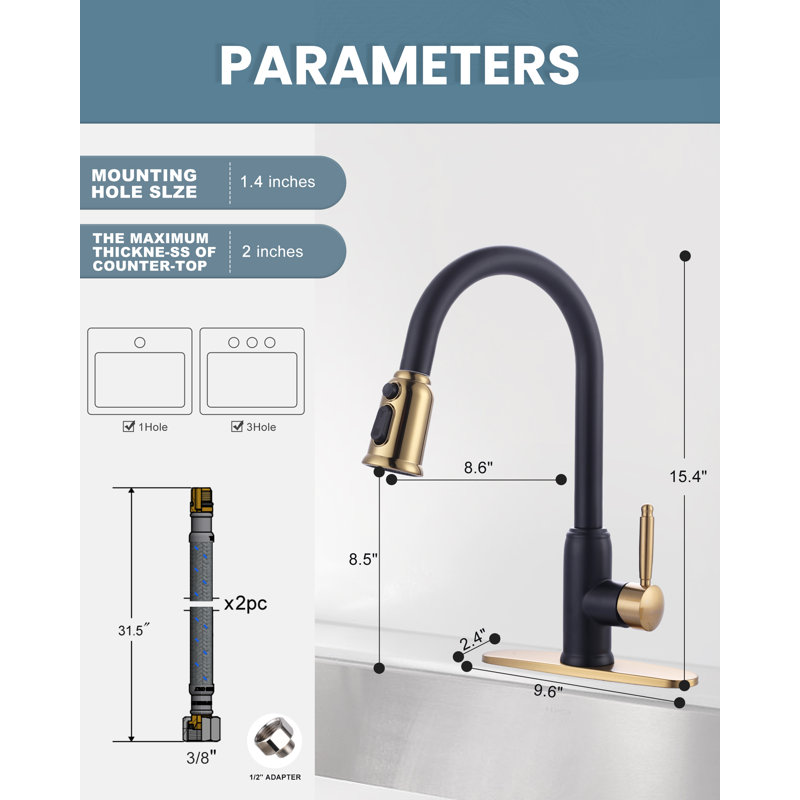 Pull Down Kitchen Faucet, Black/Gold