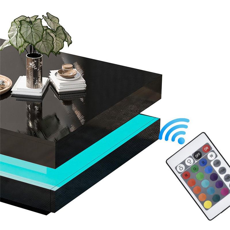 White Square High Gloss Coffee Table With 360° Rotating Top With 16-Color LED Light Tea Table, Black
