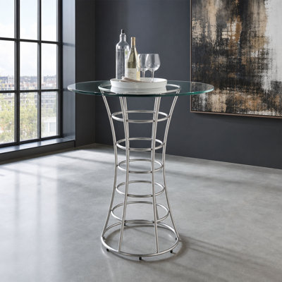 Table de bar ronde Alina de 107 cm (42 po) de hauteur, avec dessus en verre trempé et piètement en acier inoxydable brossé