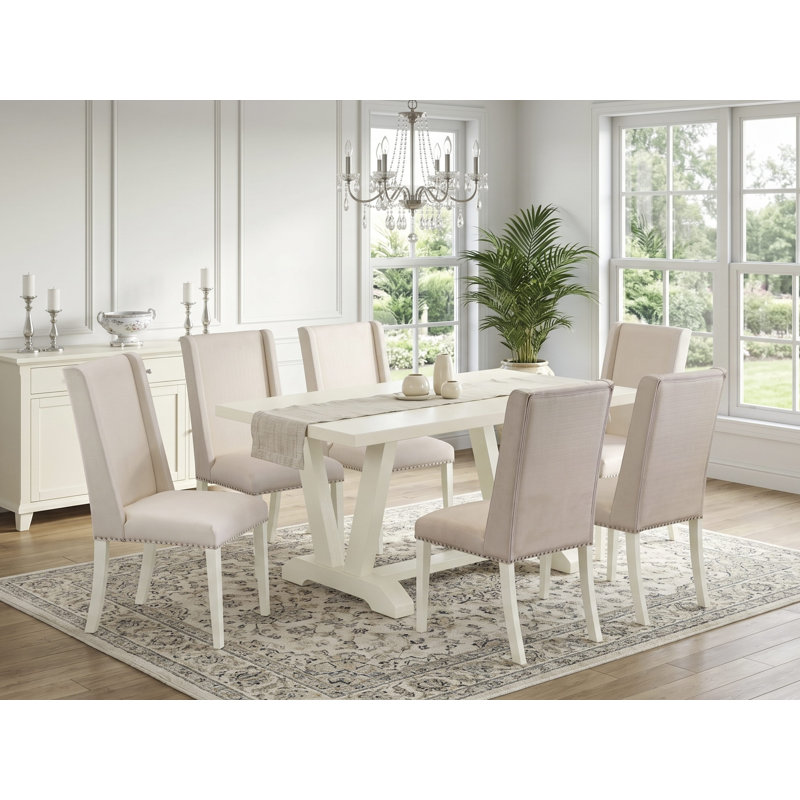 7-Pc a fantastic Linen White (Off-White) rectangular table top and 6 Cream Color Dining chairs with Nail heads and a high Stylish Chair Back, Wire Brushed Linen White
