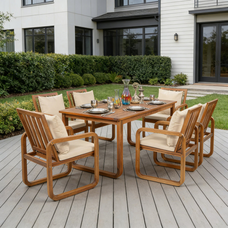 Ensemble repas 7 pièces pour patio avec coussins amovibles, Brun pâle