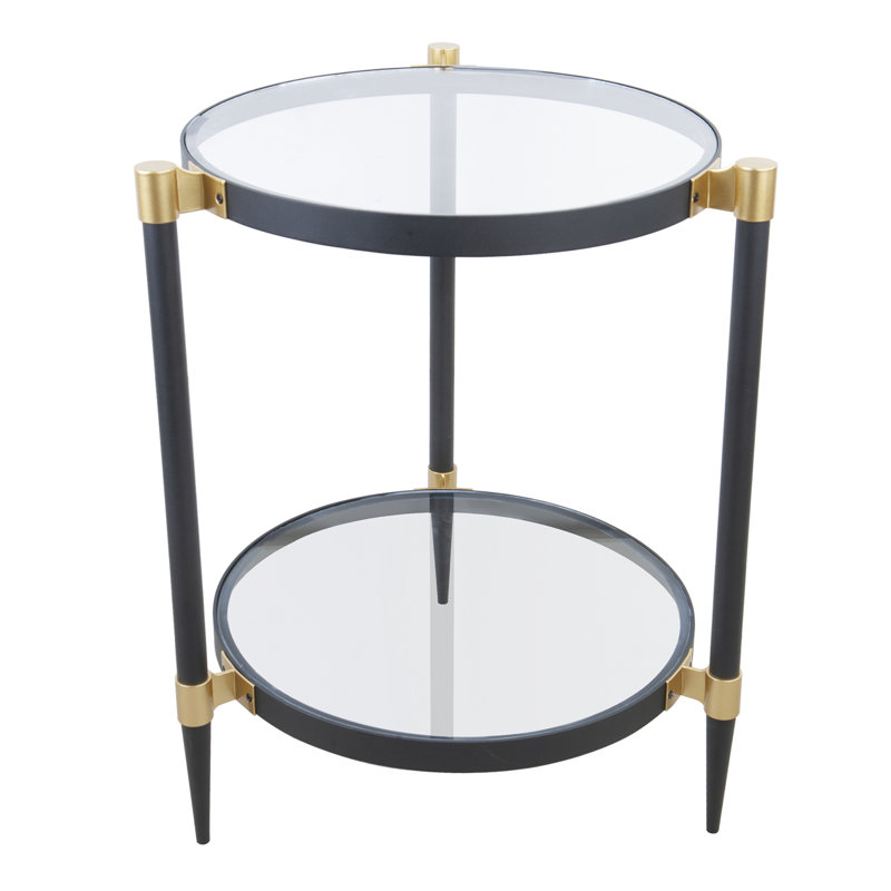 21" Round 2-Tier Tempered Glass End Table, Matte Black & Glossy Gold Metal Side Table, Modern Nightstand for Living Room & Bedroom