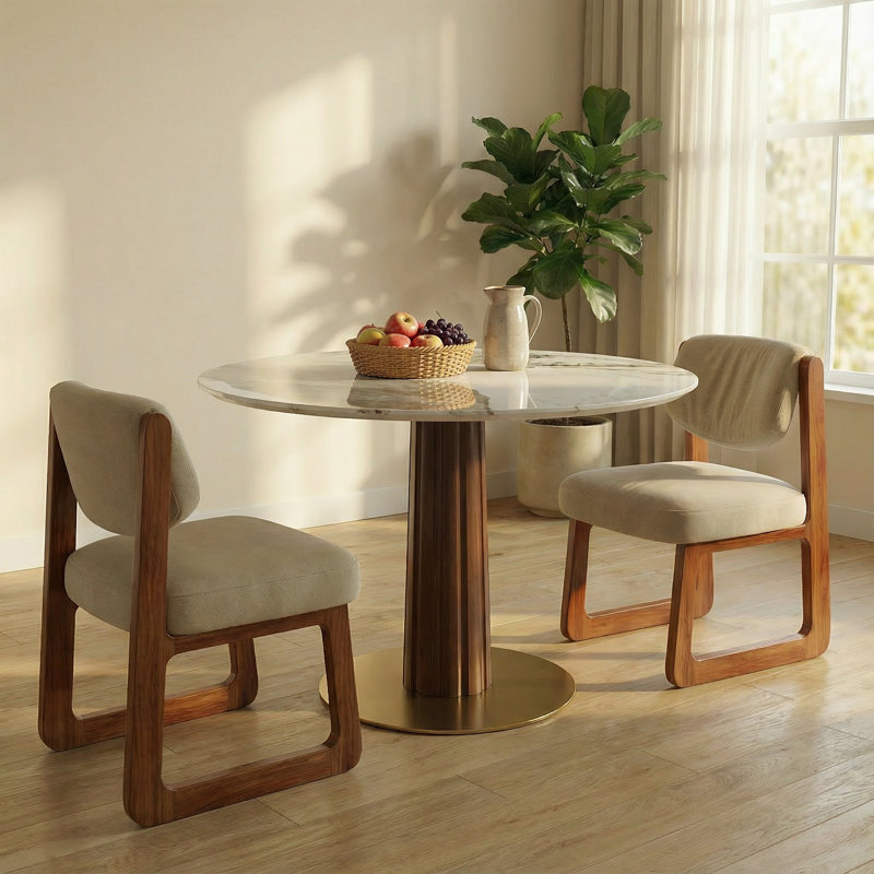 33.5‘’Modern Round Dining Table Set with Stone Top, Solid Wood Pedestal and Adjustable Upholstered Chairs set, 3-Piece Dining Set for Kitchen or Dining Area