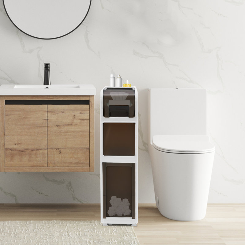 Slim Bathroom Storage Cabinet with Trash Bin & Toilet Paper Holder