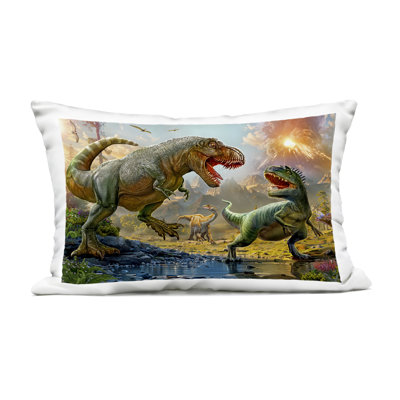 Coussin d'extérieur imprimé T-Rex Encounter at Riverbank, design par Henriette Chinaglia