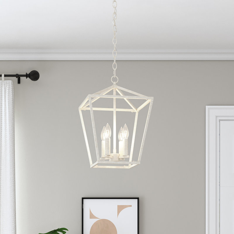 Allis 4 - Light Steel Dimmable Geometric Lantern Dining Room Chandelier, Ivory Wash