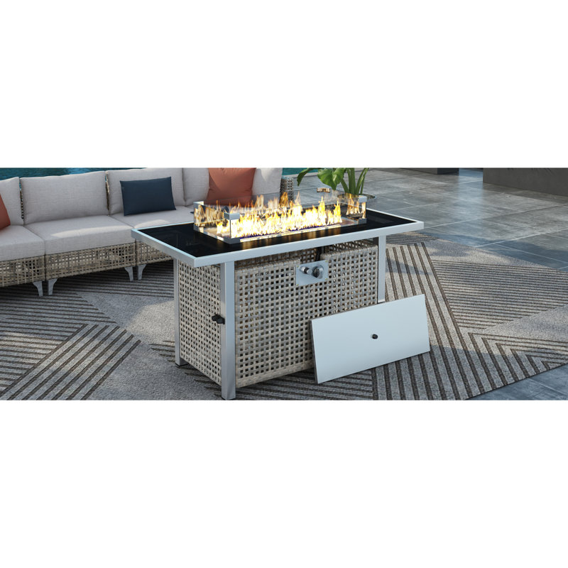 Table de foyer d'extérieur au propane de 43 pouces, 60000, tissage ouvert en gris, avec décoration en pierre de verre bleu et pare-vent pour les espaces de divertissement extérieurs Patio, terrasse, jardin, cour