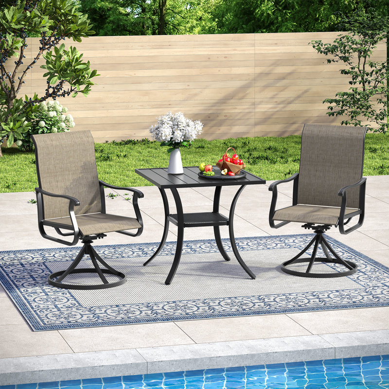 3 Pieces Patio Dining Set with Square Dining Table and 2 PVC-coated polyester Swivel Chairs, Black/Brown