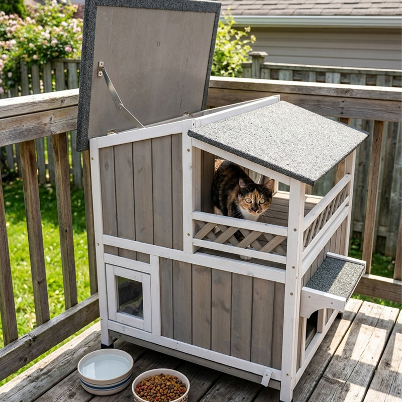 Maison pour chat 2 étages avec toit en asphalte ouvert à deux niveaux, maisonnette en bois de sapin avec balcon et porte de secours