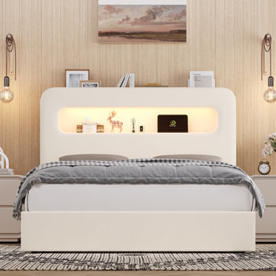 Upholstered Bed Frame, Storage Bed with LED and Charging Station