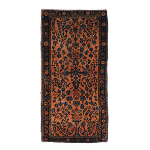 Tapis orange / noir en laine noué à la main de conception unique 6 pi x 9 pi