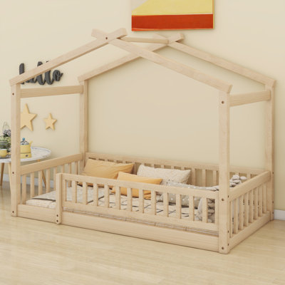 House-Shaped Wooden Bed Frame with Fence