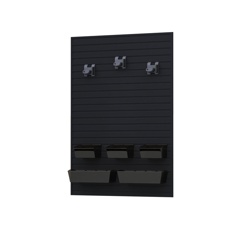 Flow Wall 9 Piece Slatwall Panel, Bin & Hook Storage Set - Slatwall, Black
