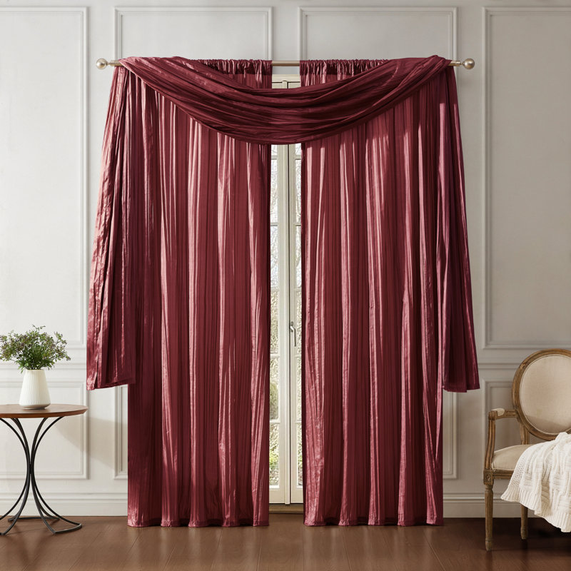Ensemble de rideau et écharpe en soie semi-diaphane Danielly, 52 po x 84 po, Rouge brique