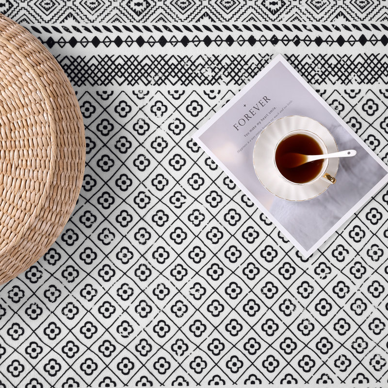 Tapis oriental noir / blanc à motif floral lavable à la machine avec envers antidérapant, Rectangle 5 pi x 7 pi