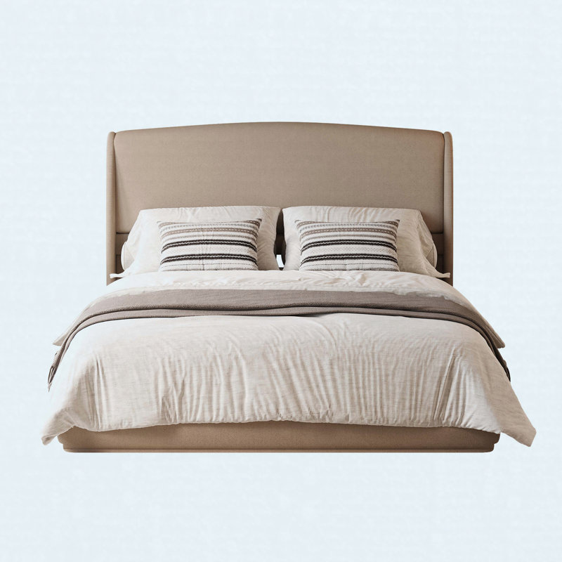 Structure de lit grand rembourré avec tête de lit à oreilles, lit plateforme à profil bas avec tête de lit rembourrée, Brun