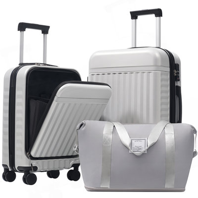 Ensemble de bagage à ouverture frontale 3 pièces, valise de transport rigide avec port USB, bagage extensible avec poignée et roulettes à verrou TSA
