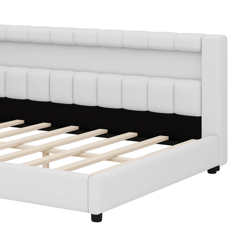 Upholstered Daybed With Storage Headboard, USB Ports & LED Belt, L-Shaped Platform Bed Frame, Full XL, White