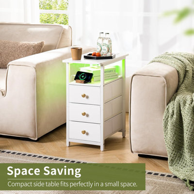 LED End Table With Charging Station, Narrow Nightstand With 3 Drawers For Small Spaces