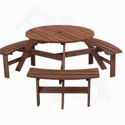 Table de pique-nique circulaire en bois pour 6 personnes pour patio, cour arrière, jardin et bancs intégrés