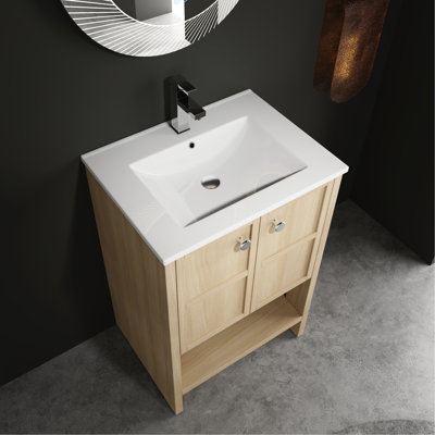 24" Bathroom Vanity, Ceramic Sink, Oak Plywood Structure, 2 Doors, Abundant Storage, Easy To Assemble And Attractive Appearance Plywood, Storage Options, Simple Assembly Customizable Design