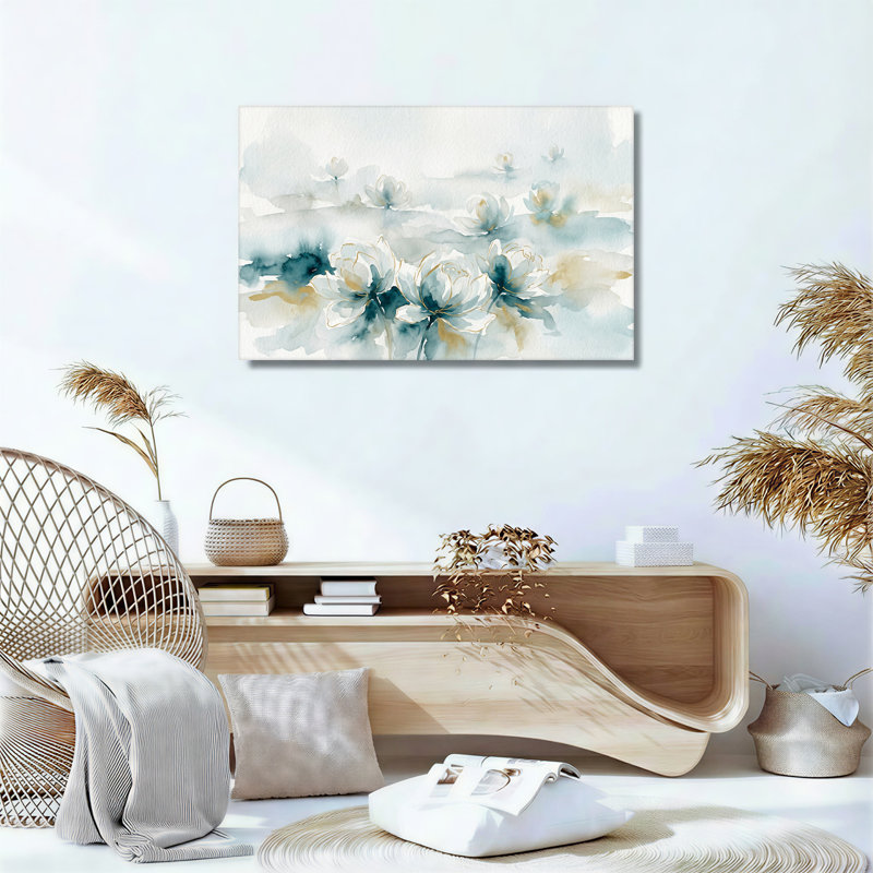 «Blue and White Watercolor Flowers with Gold Outline», art mural sur toile, H 20 po x l 30 po