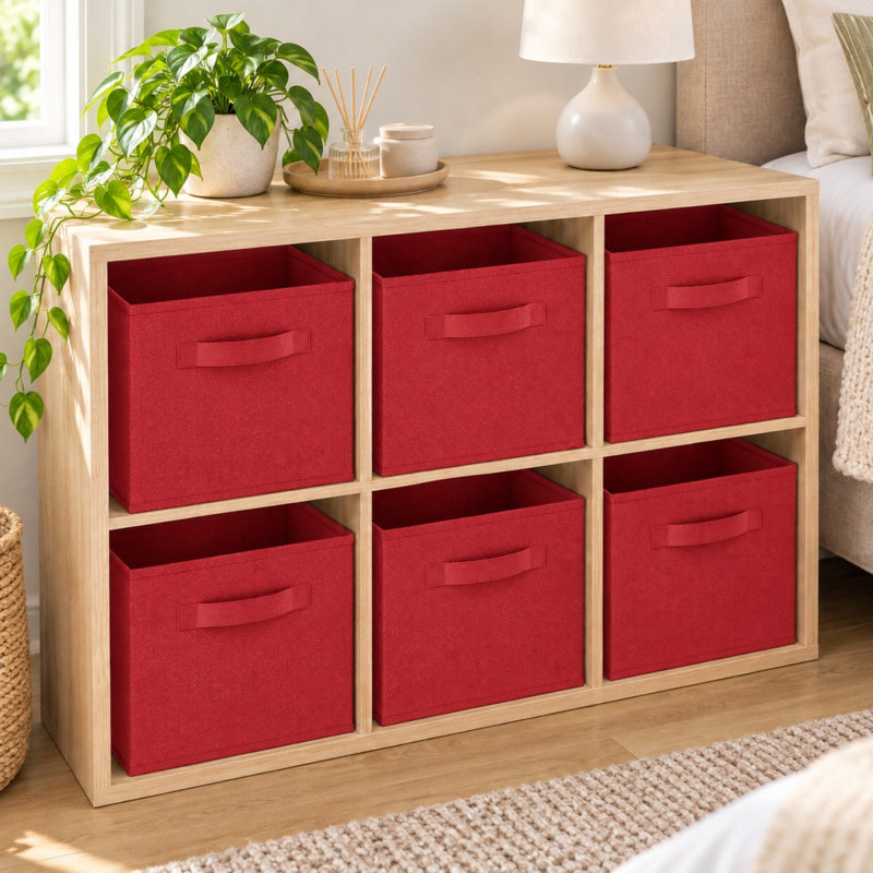 Set of 6 Collapsible Fabric Cube Boxes 27cm Foldable Bins for Toys, Red