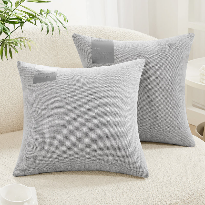 Decorative Solid Pillow Covers with Leather Label (Set of 2), 24"H x 24"W, Light Gray