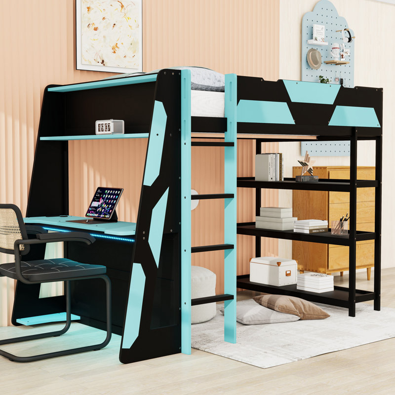 Full Size Loft Bed with Side-Mounted Desk, LED Lighting and Storage Shelves, Black/Blue