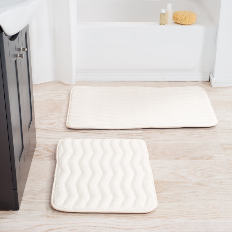2 Piece Bathroom Rug Set - 32x20 Inch and 23x17 Inch Memory Foam Bath Mats with Textured Wave Print for Stylish Bathroom Decor - Bath Rugs Non Slip Washable Bathmats (White)
