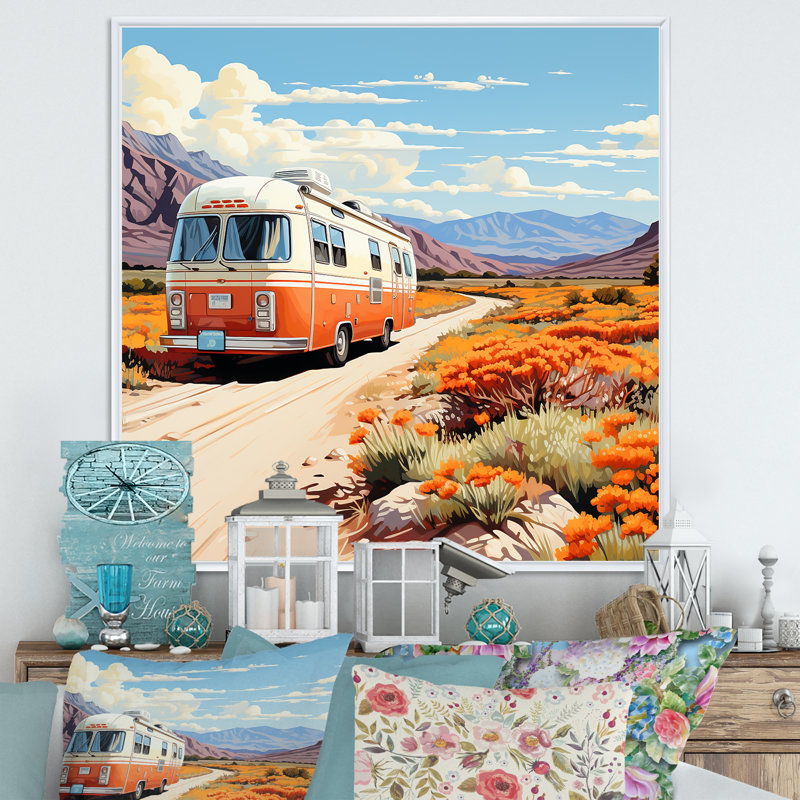 Désert camping Van Adventure 3 - fruits, art mural, 30" H x 30" W, White Picture Framed