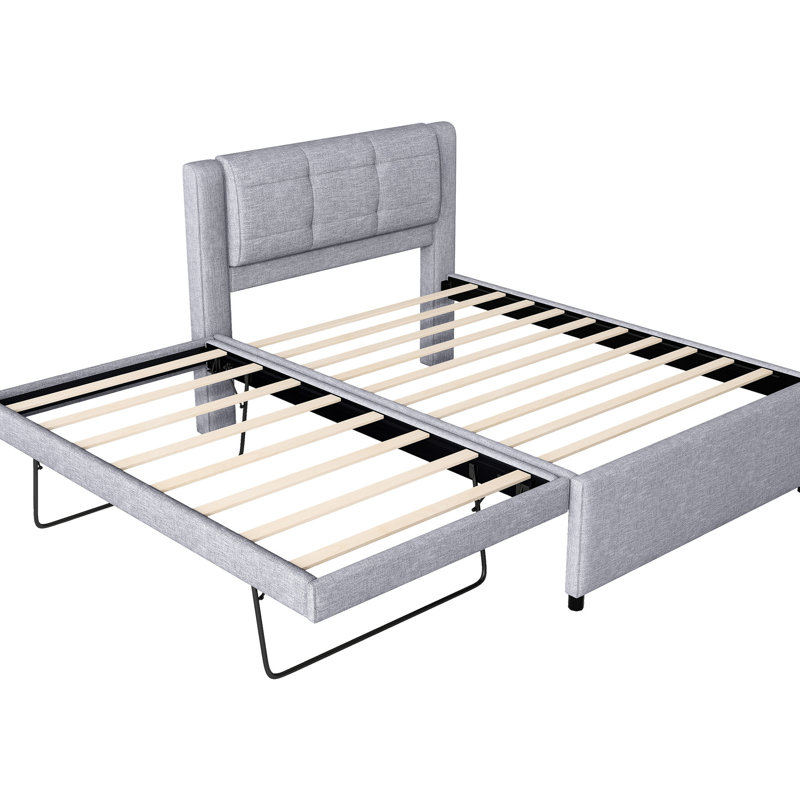 Lit double gris avec lit gigogne amovible. Structure en bois massif. Pas de sommier tapissier. Processus d'assemblage pratique - Lit gigogne manœuvrable - Solution d'espace