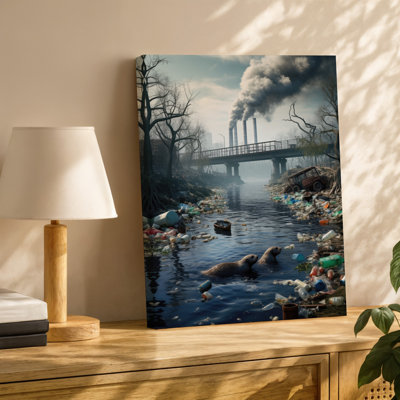 Toile, "Un paysage industriel désolé" avec une rivière polluée étouffée avec art mural