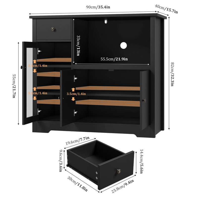 Garde-manger de 35,4 po de largeur, garde-manger avec placard, tiroir et cube pour micro-ondes, Noir