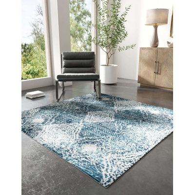 Massie Geometric Machine Woven Polyester Area Rug in Navy Blue/Ivory