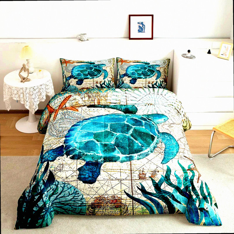 Ocean Breeze Turtle Comforter Set - Teal Turquoise Themed Mediterranean Design - Quilted Duvet Set with 2 Pillowcases - Size 1 Comforter - Down Alternative