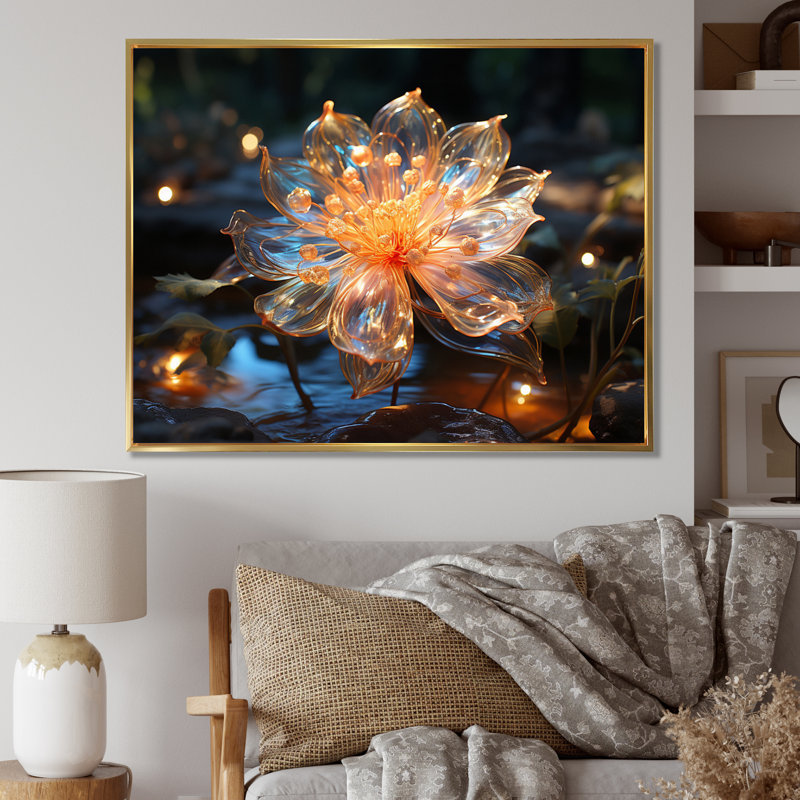 Fleurs de cristal pêche - impression, H 34 po x l 44 po x P 1,5 po, Cadre flottant doré