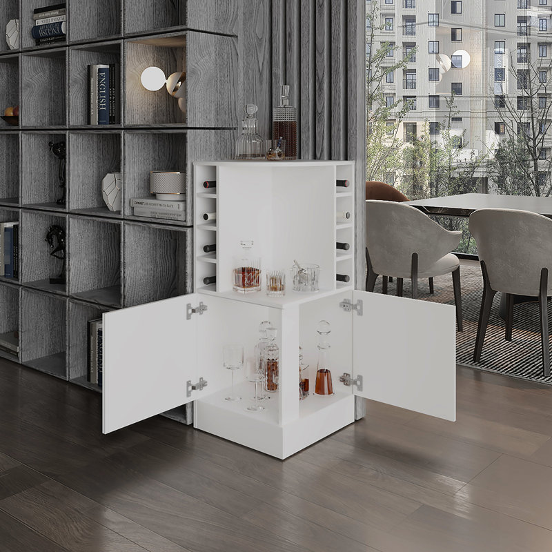 Living Room White Corner Bar Storage - 43" Tall With 8 Wine Bottle & Doors Cabinet Modern For Double Door, White