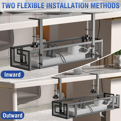 Under Desk Cable Management Tray No Drill ,Heavy Duty Metal Cord Organizer, Under Desk Wire Management for Gaming,Standing Desk, Clamp for Home Office, 2 Pack