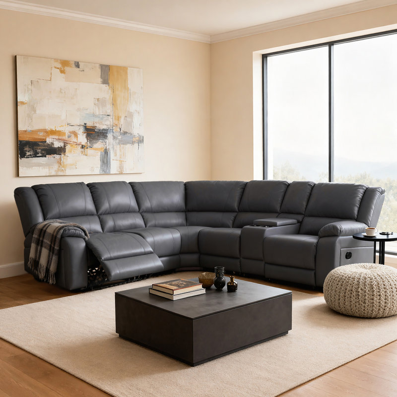 6-piece Faux Leather Reclining Sectional Sofa with Storage Console & Cup Holders, Gray Faux Leather