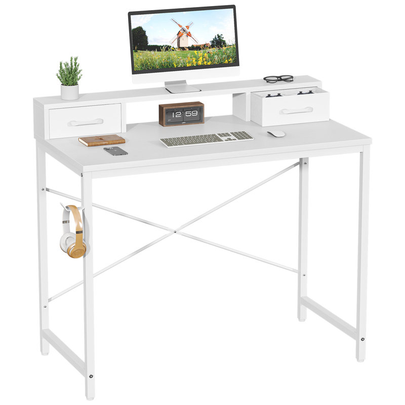Computer Desk with 2 Drawers, 100×50 cm Office Desk, Study PC Table with Storage for Bedroom, White