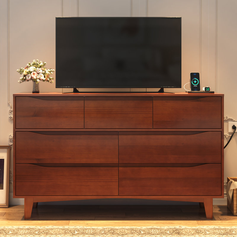 7 Drawer 55.12” Solid Wood Dresser With 2 Sockets and 2 USB Ports, Honey Brown